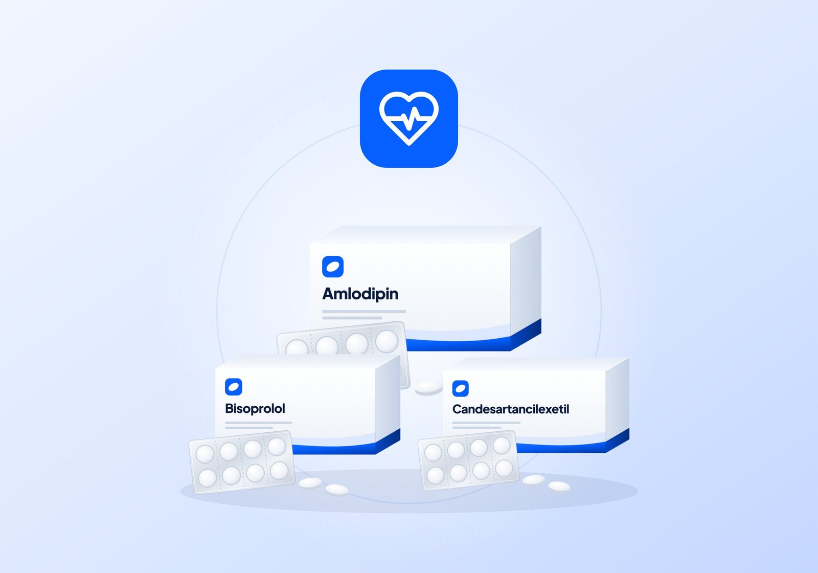 Illustration: Arzneimittelpackungen mit Amlodipin, Bisoprolol und Candesartan bei Bluthochdruck