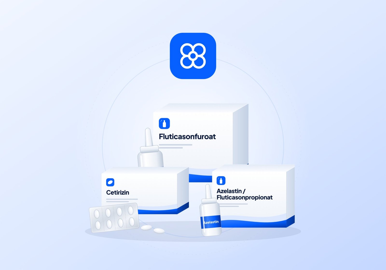 Illustration: Arzneimittelpackungen und Nasensprays mit Fluticasonfuroat, Cetirizin und Azelastin/Fluticasonpropionat
