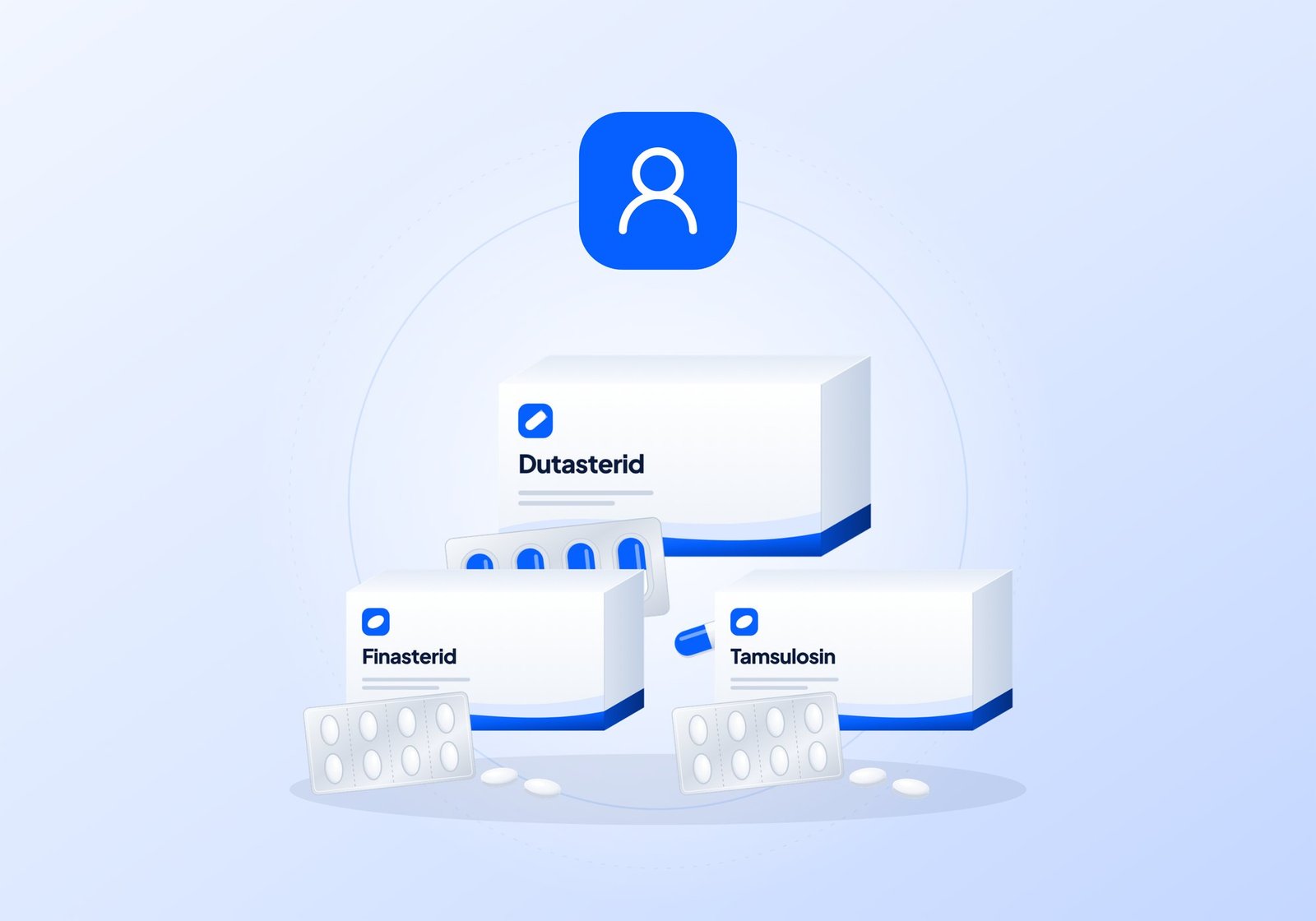 Illustration: Arzneimittelpackungen mit Tamsulosin, Finasterid und Dutasterid